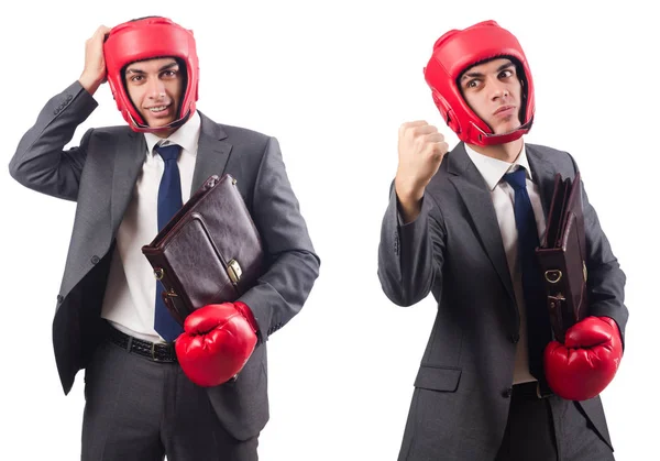Ung affärsman med portfölj och box handskar isolerad på whi — Stockfoto