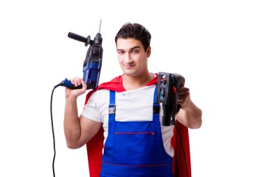 Süper kahraman tamirci beyaz arkaplanda izole edildi