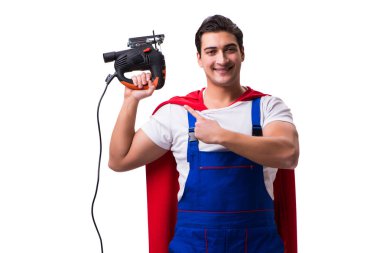 Süper kahraman tamirci beyazın üzerinde izole edilmiş.