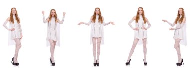 Beyaz tenli, açık renkli, büyüleyici elbiseli güzel bayan.