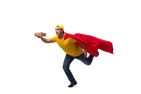 Super bohater dostawca pizzy facet izolowany na biały — Zdjęcie stockowe