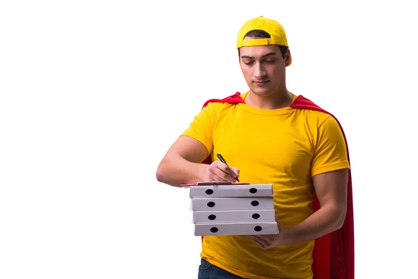 Super hrdina pizza dodání chlap izolovaný na bílém — Stock fotografie