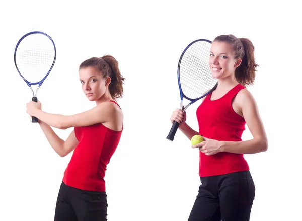 Žena hrající tenis na bílém pozadí — Stock fotografie