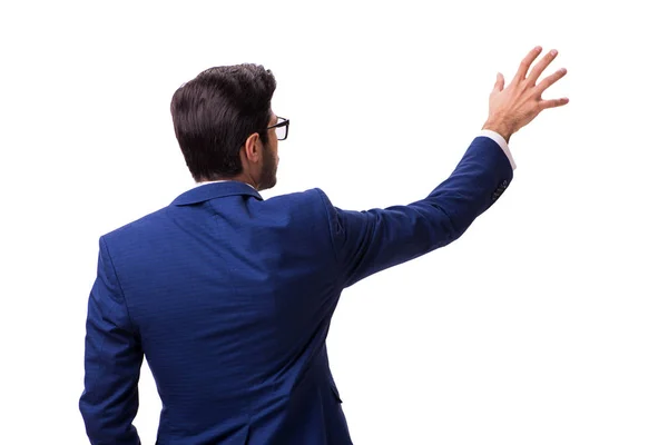 Joven empresario presionando botones virtuales aislados en blanco — Foto de Stock