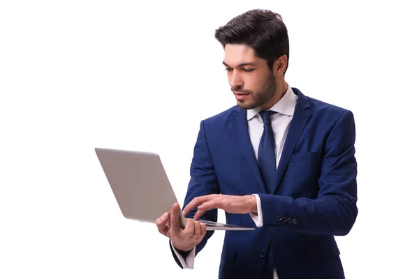 Zakenman die werken met de laptop op wit wordt geïsoleerd — Stockfoto