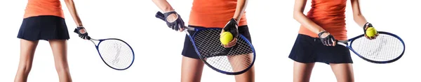 Młoda kobieta gra w tenisa odizolowany na białym — Zdjęcie stockowe