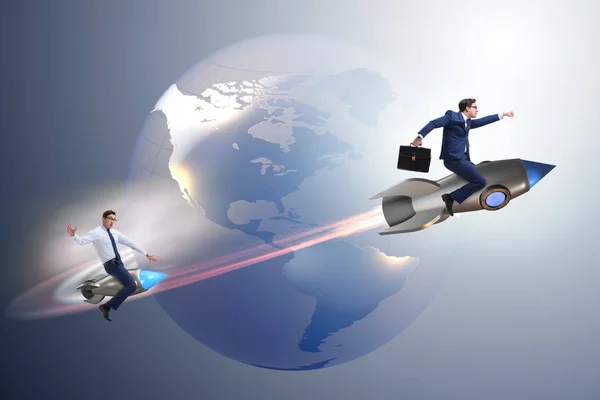 Businessman on the rocket in global business concept — Stock Photo, Image