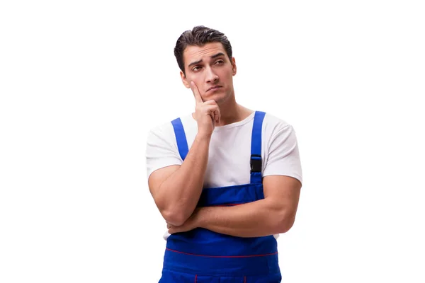 Handsome repairman wearing blue coveralls on white — Stock Photo, Image