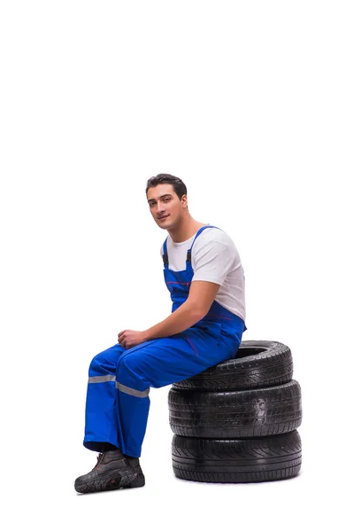 Handsome tyre repairman isolated on white — Stock Photo, Image