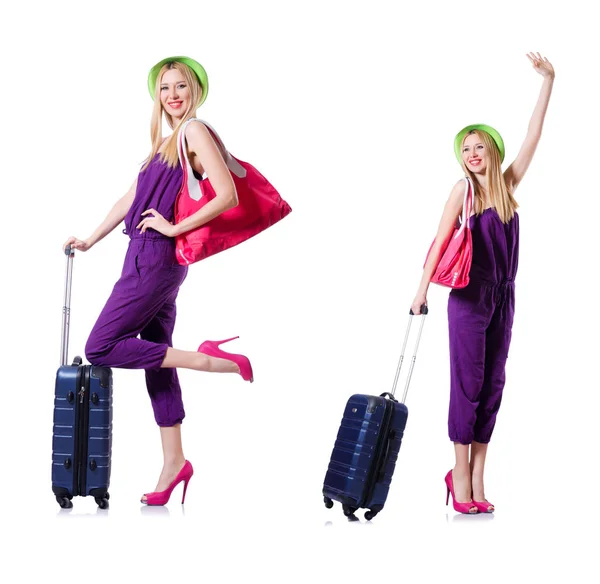 Young woman ready for summer vacation on white — Stock Photo, Image