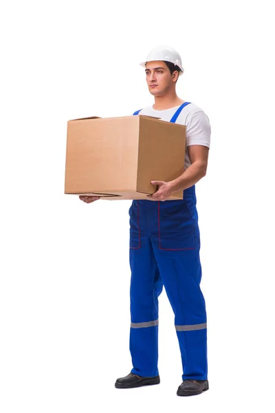 Man delivering box isolated on white — Stock Photo, Image