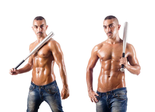 Muscular man with baseball bat on white — Stock Photo, Image