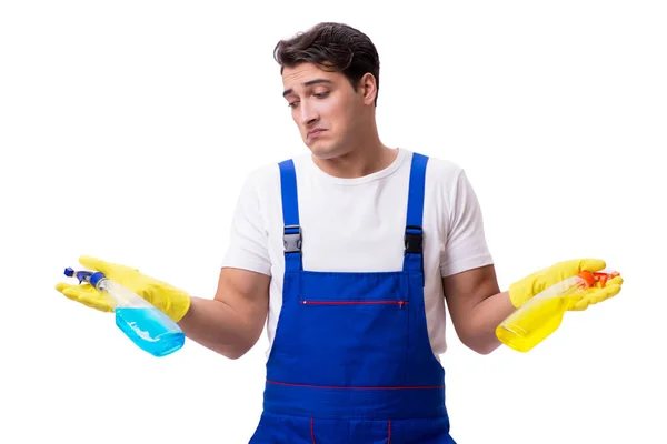 Hombre con agentes de limpieza aislados sobre fondo blanco — Foto de Stock