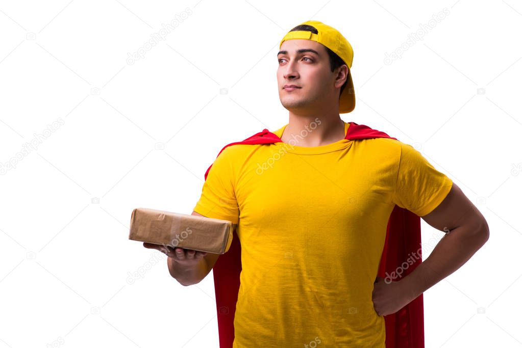 Super hero delivery guy isolated on white