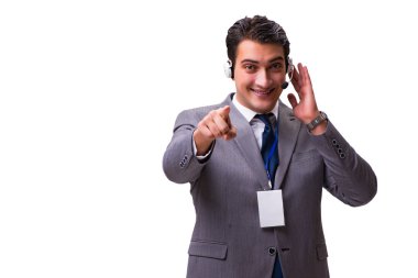 Beyaz izole kulaklık ile yakışıklı adam