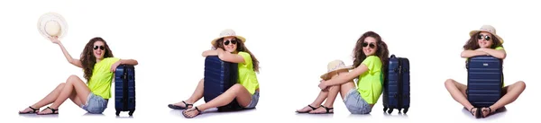 Молода жінка з валізою ізольована на білому — стокове фото