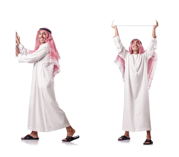 Árabe hombre empujando virtual obstáculo en blanco — Foto de Stock