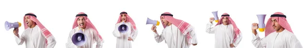 Arab üzletember lehallgató kürttel elszigetelt fehér — Stock Fotó