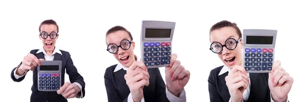 Nerd female accountant with calculator — Stock Photo, Image