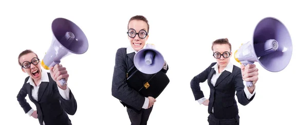 Young businessman with loudspeaker on white — Stock Photo, Image