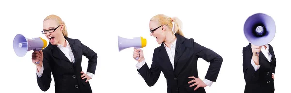 Mulher empresária com alto-falante em branco — Fotografia de Stock