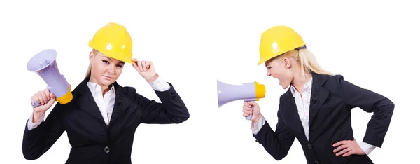 Female construction worker with loudspeaker — Stock Photo, Image