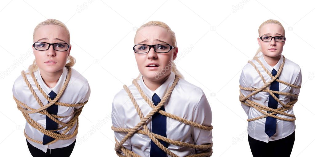 Businesswoman tied up with rope isolated on white