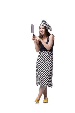 Genç kadın aşçı beyaz arka planda izole edilmiş.