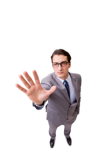 Divertido hombre de negocios presionando botones virtuales aislados en blanco —  Fotos de Stock