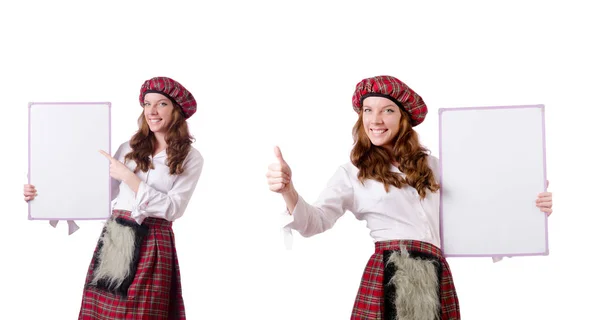 Femme écossaise avec planche sur blanc — Photo