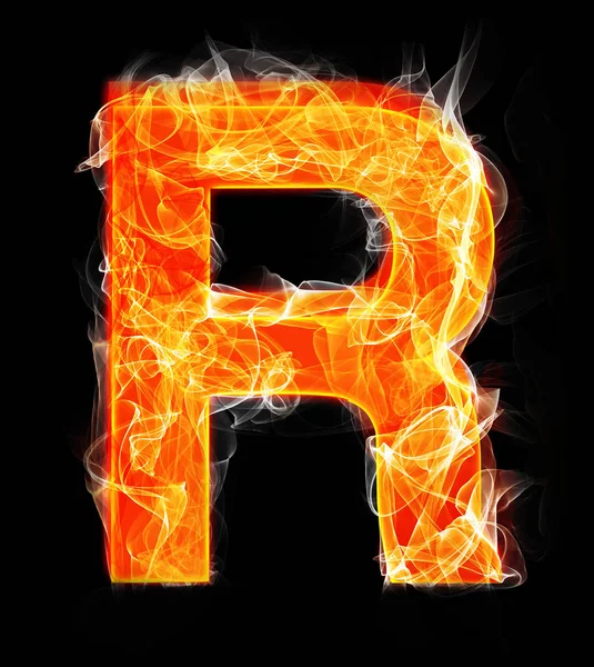 Letras em chamas como alfabeto tipo R — Fotografia de Stock