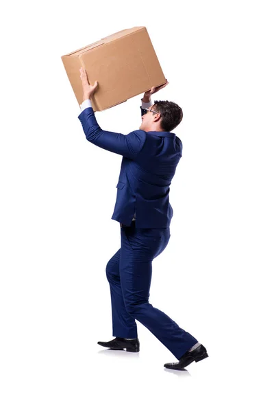 Empresário caixa de elevação isolado em branco — Fotografia de Stock