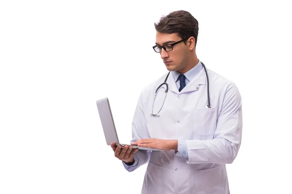 Doktor beyaz arka plan üzerinde izole dizüstü bilgisayar ile — Stok fotoğraf