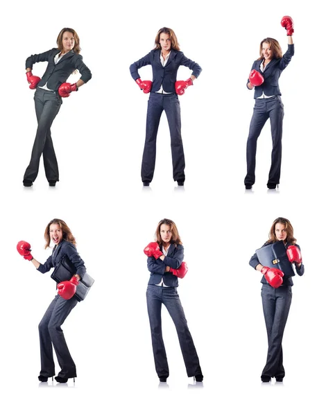 Young woman with boxing gloves isolated on white — Stock Photo, Image