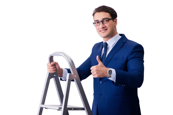 Zakenman aan de top van de ladder geïsoleerd op witte achtergrond — Stockfoto