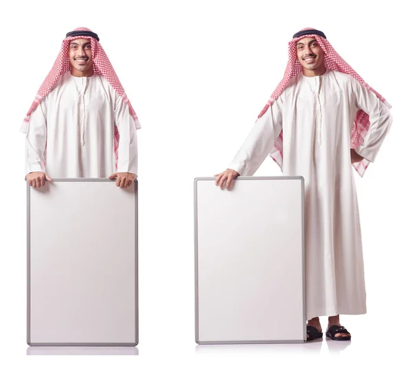 Hombre árabe con tablero en blanco sobre blanco —  Fotos de Stock