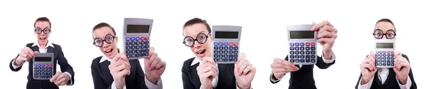 Nerd femme comptable avec calculatrice — Photo