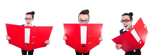 Donna d'affari divertente con cartella rossa su bianco — Foto Stock
