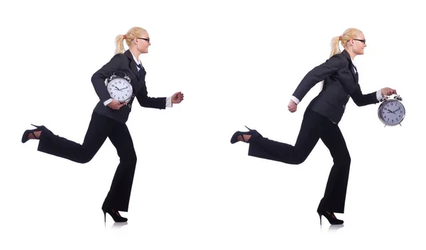 Mujer con reloj gigante en blanco — Foto de Stock