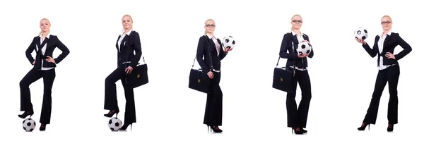 Femme avec football sur blanc — Photo