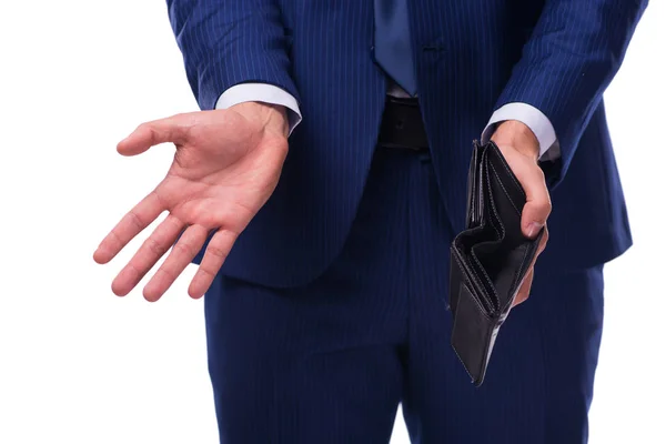 Bankrupt broke businessman with empty wallet on white background — Stock Photo, Image