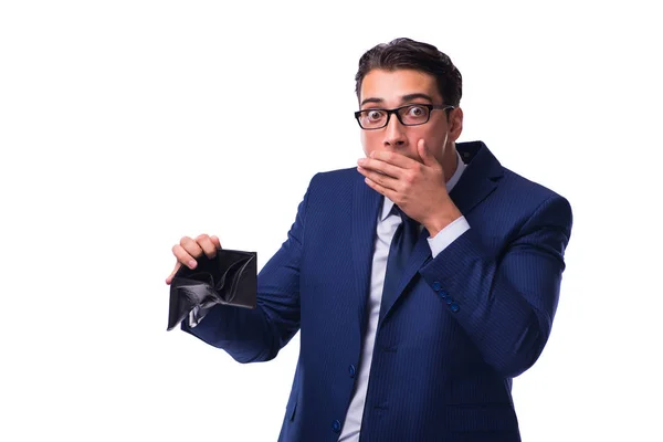 Konkursgeschädigter Geschäftsmann mit leerem Portemonnaie auf weißem Hintergrund — Stockfoto