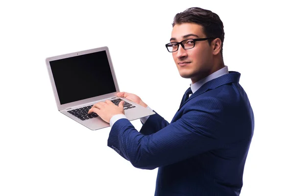 Geschäftsmann mit Laptop isoliert auf weiß — Stockfoto