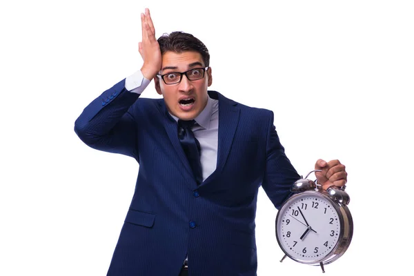 Businessman with alarm clock isolated on white — Stock Photo, Image