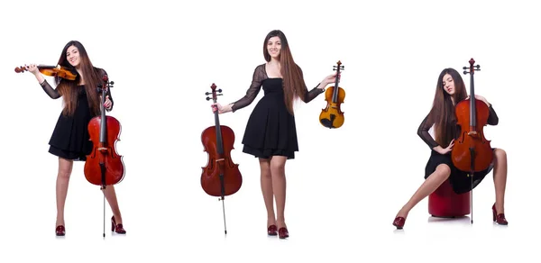 Junge Performerin mit Geige auf Weiß — Stockfoto