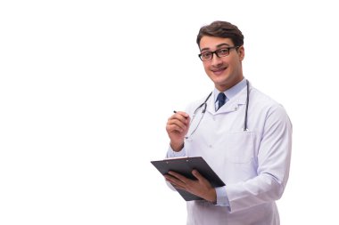 Beyaz arka planda izole genç doktor