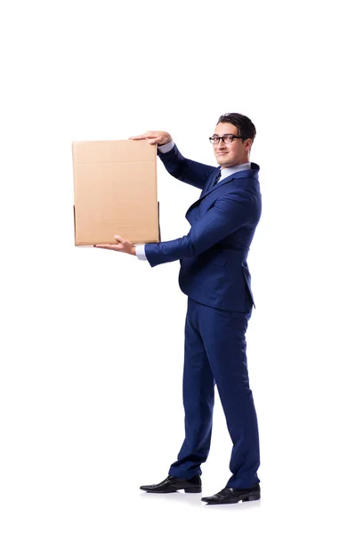 Businessman lifting box isolated on white — Stock Photo, Image