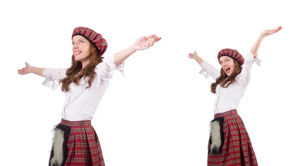 Pretty girl in plaid red clothing isolated on white — Stock Photo, Image