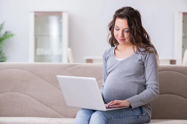 Pregnant woman working on laptop sitting on sofa — Stock Photo, Image