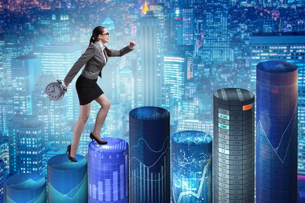 Businesswoman rushing with clock on bar charts — Stock Photo, Image